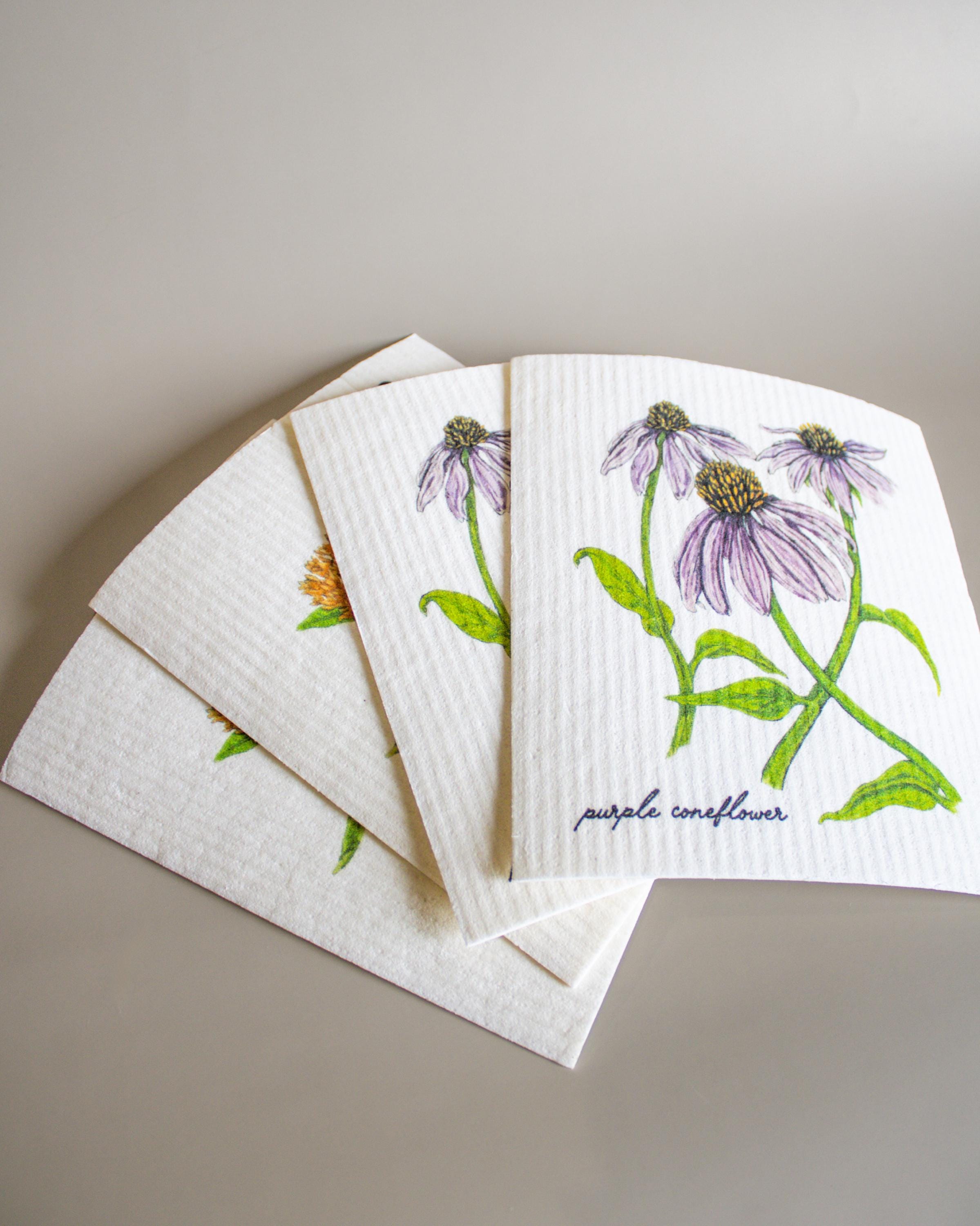 Botanical Swedish Dishcloth: Purple Coneflower and Monarch Design