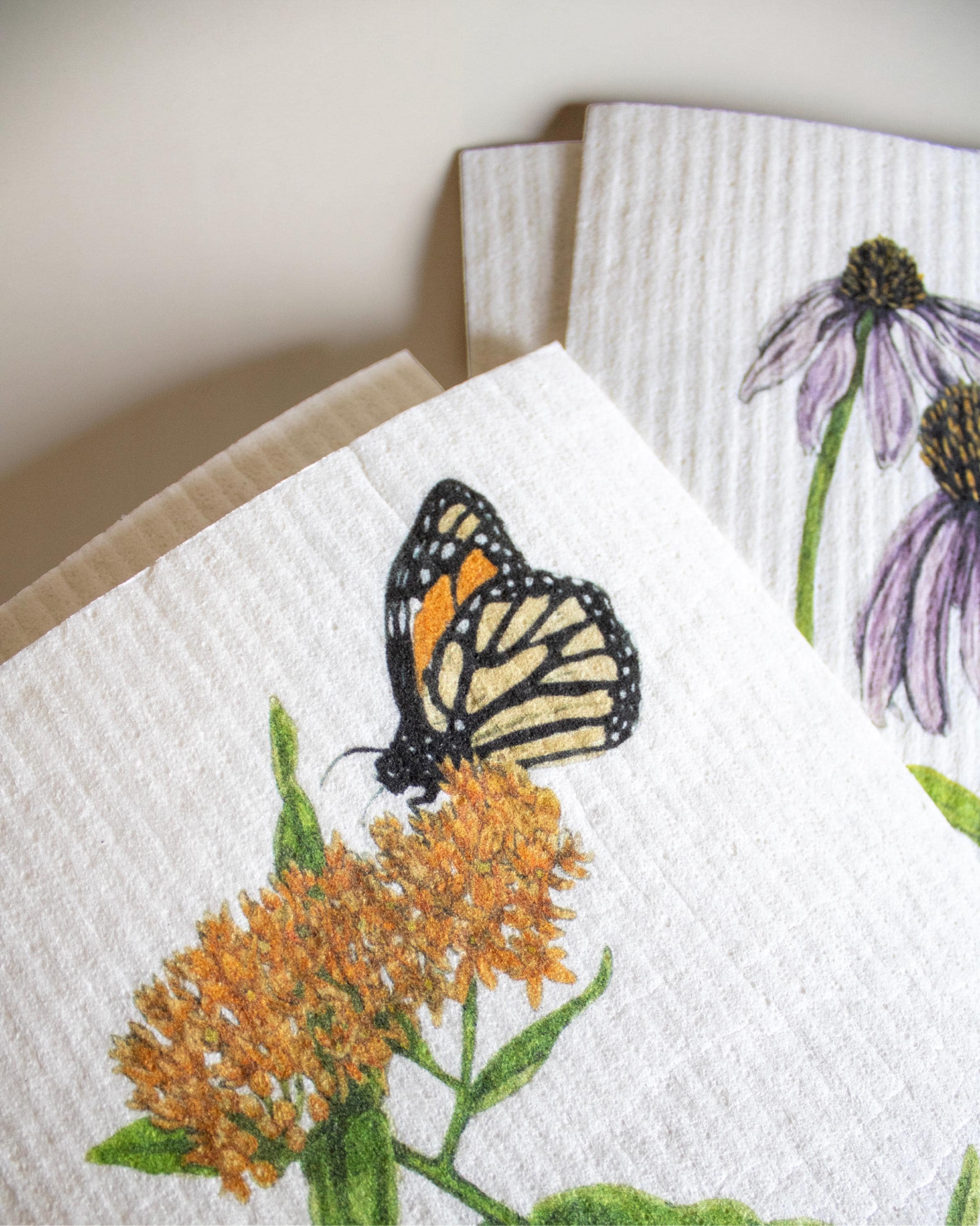 Botanical Swedish Dishcloth: Purple Coneflower and Monarch Design
