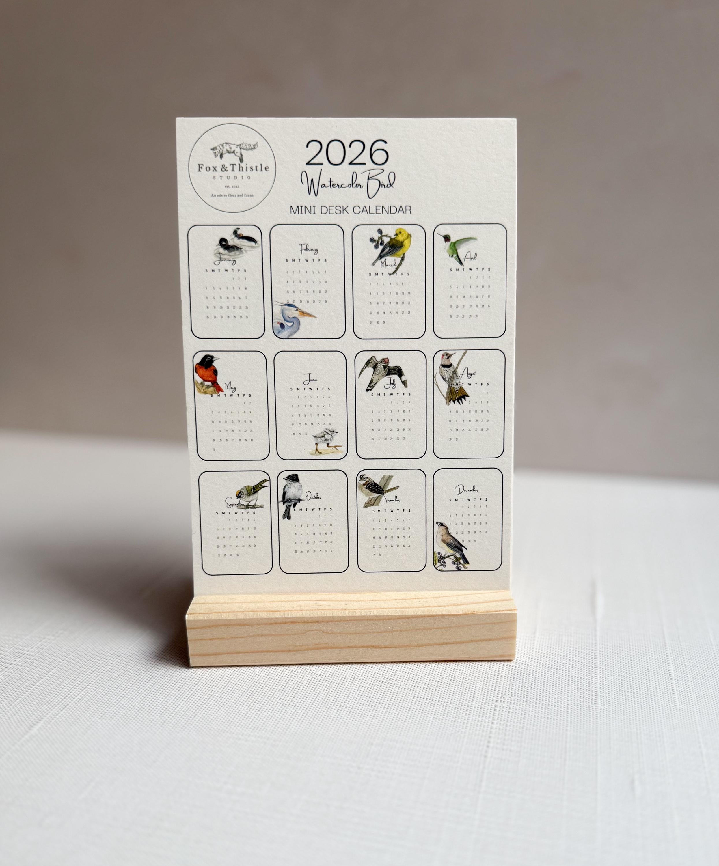 2026 Watercolor Bird Desk Calendar